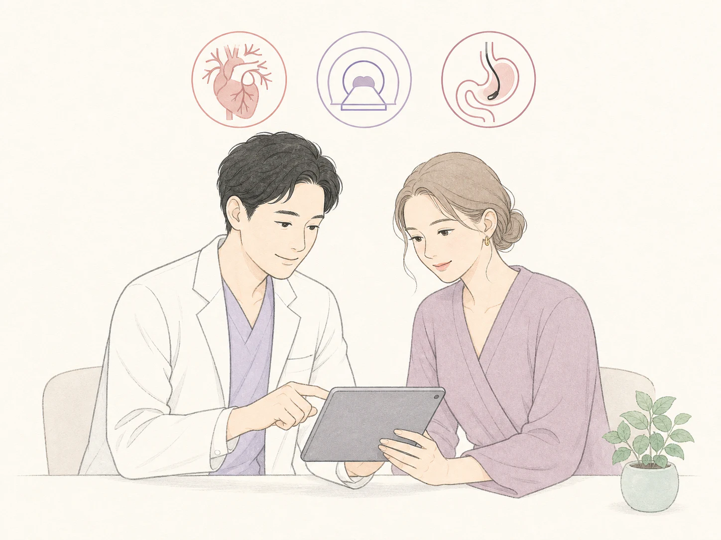 TIMC OSAKA 医疗团队与受检者进行结果沟通的风格化插画
