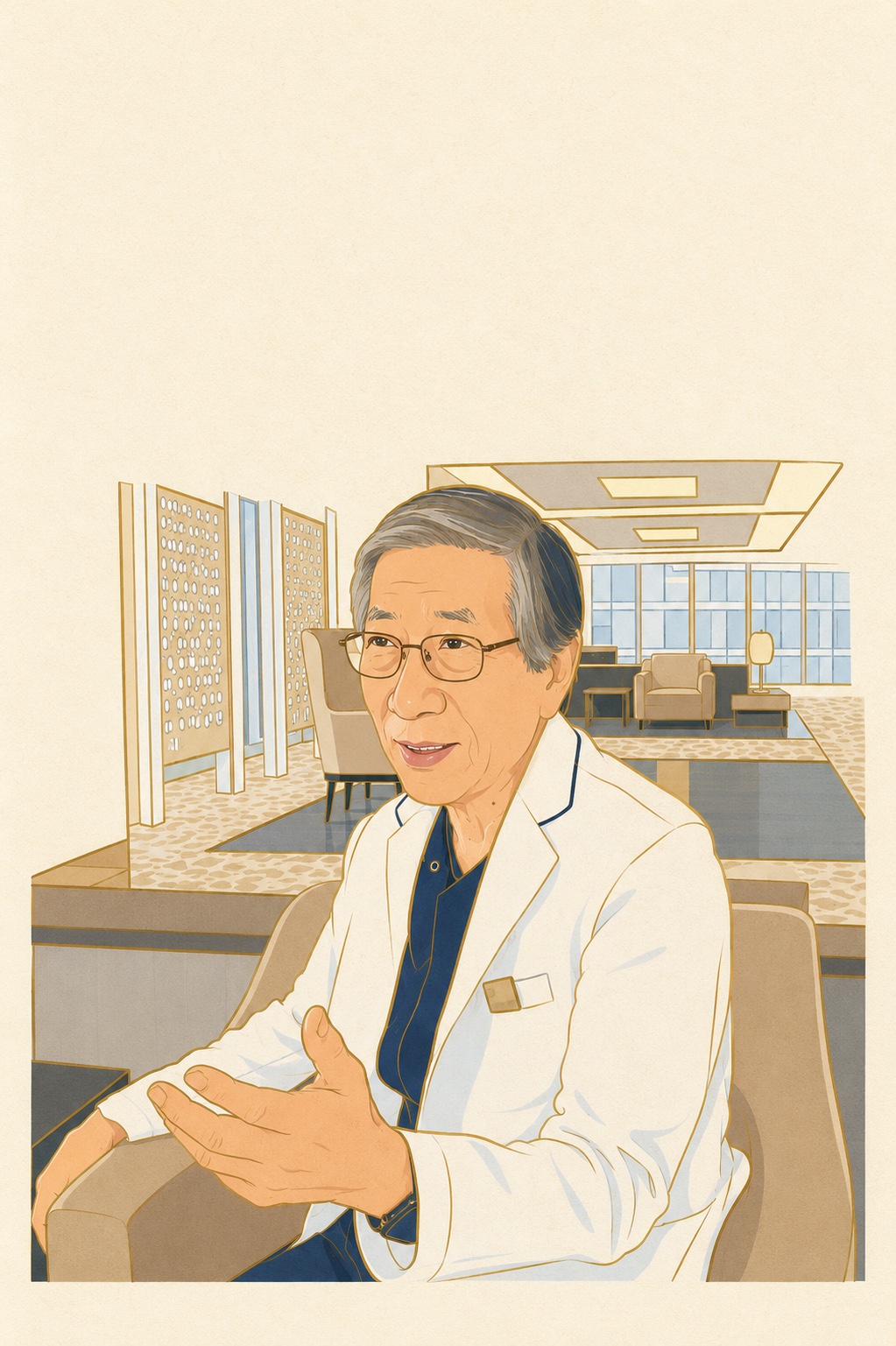 TIMC OSAKA 中心长横井良明医师的风格化人物插画