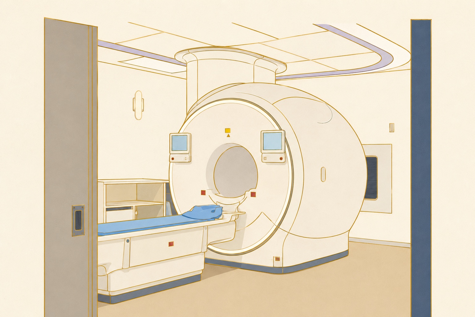 TIMC OSAKA Ingenia Ambition 1.5T MRI 检查室的风格化插画