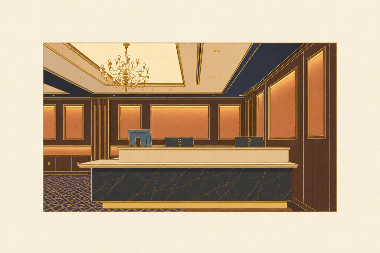TIMC OSAKA 接待区的风格化插画